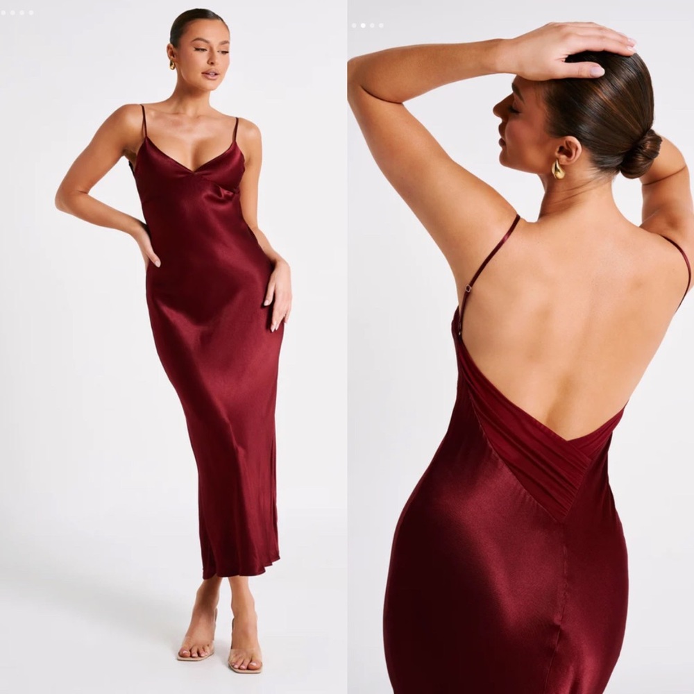 Meshki Wine Satin Slip Midi Dress with Spaghetti Straps - Picture 2 of 6